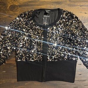 White House Black Market Black and Silver Sequin Jacket, Size S